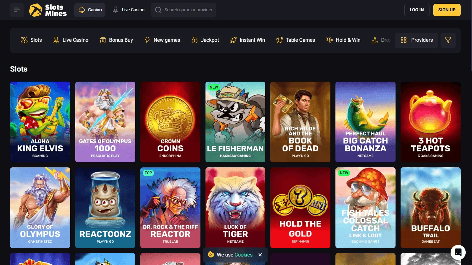 Slotsmines Casino desktop casino selection with slots and live games