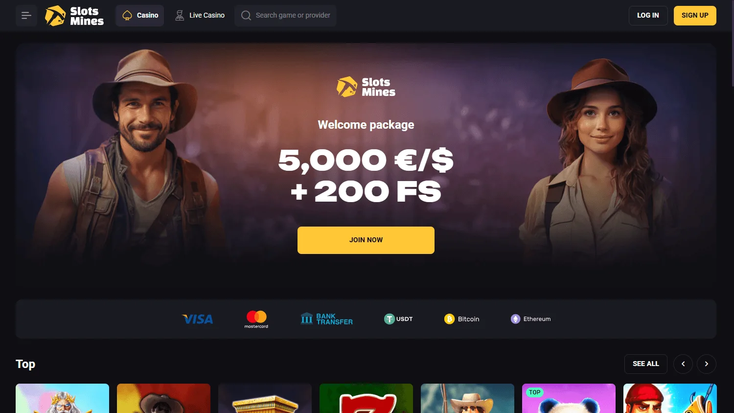 Slotsmines Casino desktop games area with casino game categories