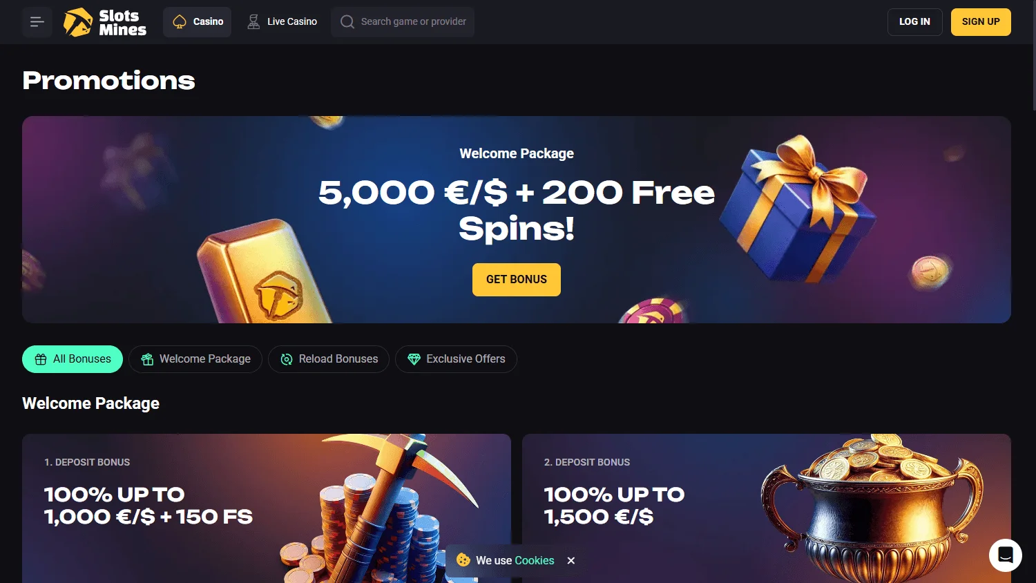 Slotsmines Casino desktop promotions area with deposit and free-spin offers