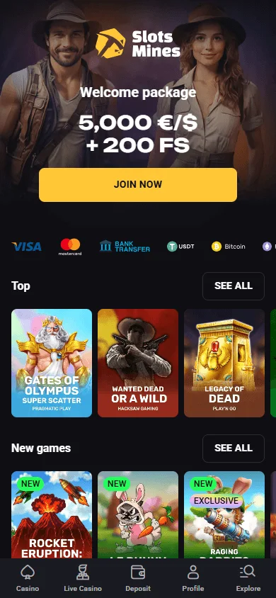 Slotsmines Casino mobile browser games area
