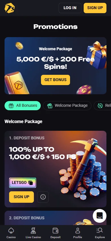 Slotsmines Casino mobile browser promotions area