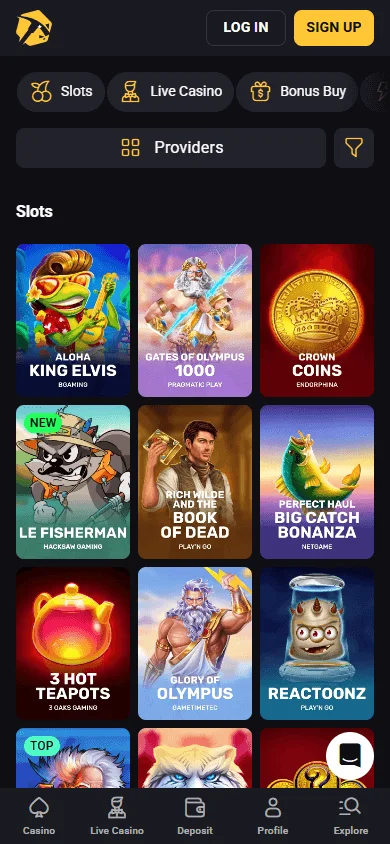 Slotsmines Casino mobile game selection with browsing and filtering options